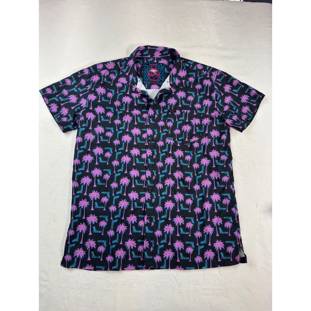 Retro Rifle Rising Palm Shirt Mens XL Black Pink Teal Synthwave Gun Palm Tree